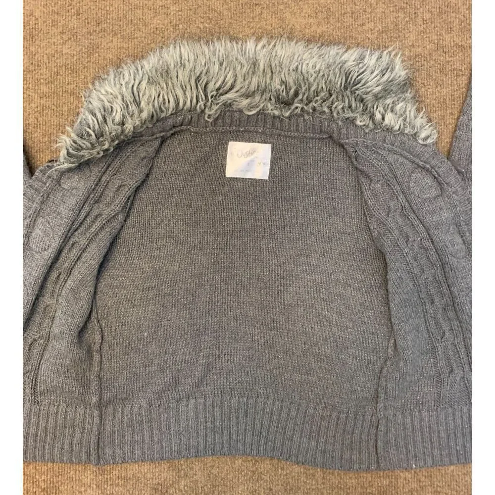 Vintage Justice Sweater Girls 8 Cardigan Fur Collar Cable Knit Toggle Button Y2K